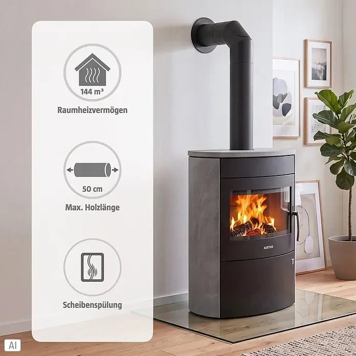 Justus Kaminofen Agero 2.0 - 7 kW, Raumheizvermögen: 144 m³, Material Verkleidung: Speckstein, Schwarz - Dunkelgrauer Kaminofen mit Feuer und schwarzem Rauchrohr im Wohnzimmer, mit Spezifikationen zu Heizleistung, Holzlänge und Scheibenspülung.