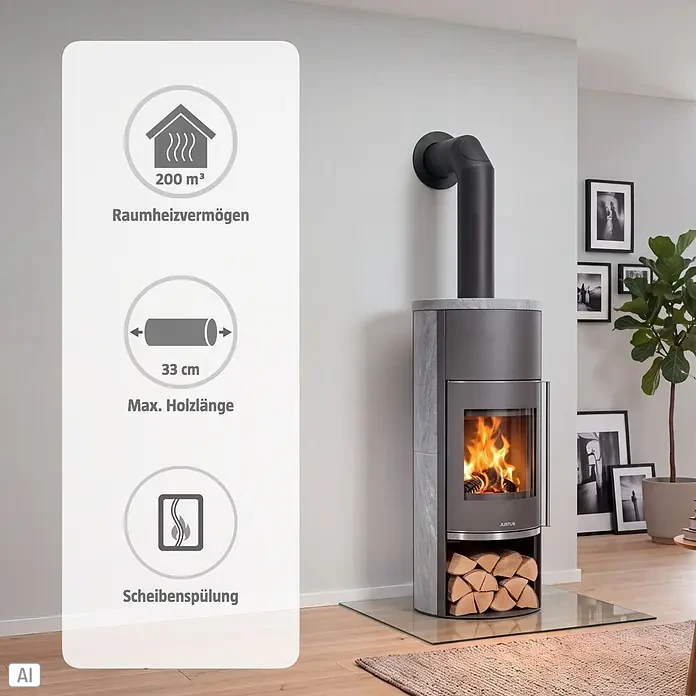 Justus Kaminofen Faro Aqua 2.0 - 8,5 kW, Raumheizvermögen: 200 m³, Material Verkleidung: Speckstein, Gussgrau/Speckstein - Dunkelgrauer Kaminofen mit Steinplatte, sichtbarem Feuer, Holzscheiten und Infopanel mit Icons für Heizleistung, Holzlänge und Scheibenspülung.
