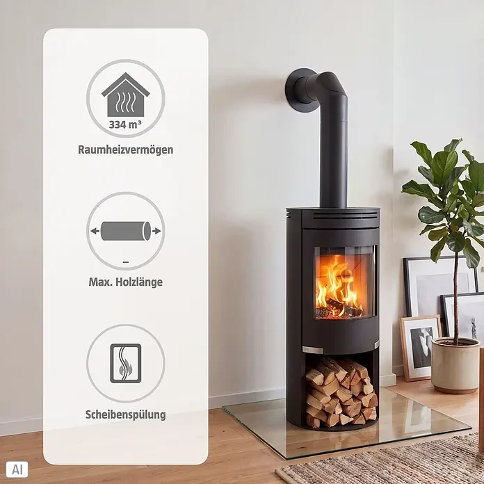 Aduro Kaminofen 1-4 - 6 kW, Raumheizvermögen: 334 m³, Material Verkleidung: Stahl, Schwarz - Schwarzer Kaminofen mit brennendem Feuer, Holzscheiten und Rauchrohr. Infografiken zeigen 334 m³ Heizleistung, max. Holzlänge und Scheibenspülung.