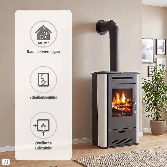 Firefix Kaminofen Etna - 7 kW, Raumheizvermögen: 140 m³, Material Verkleidung: Stahl, Anthrazit/Weiß - Ein moderner schwarz-silberner Kaminofen mit sichtbarem Feuer, der Heizleistung, Scheibenspülung und zweifache Luftzufuhr hervorhebt.