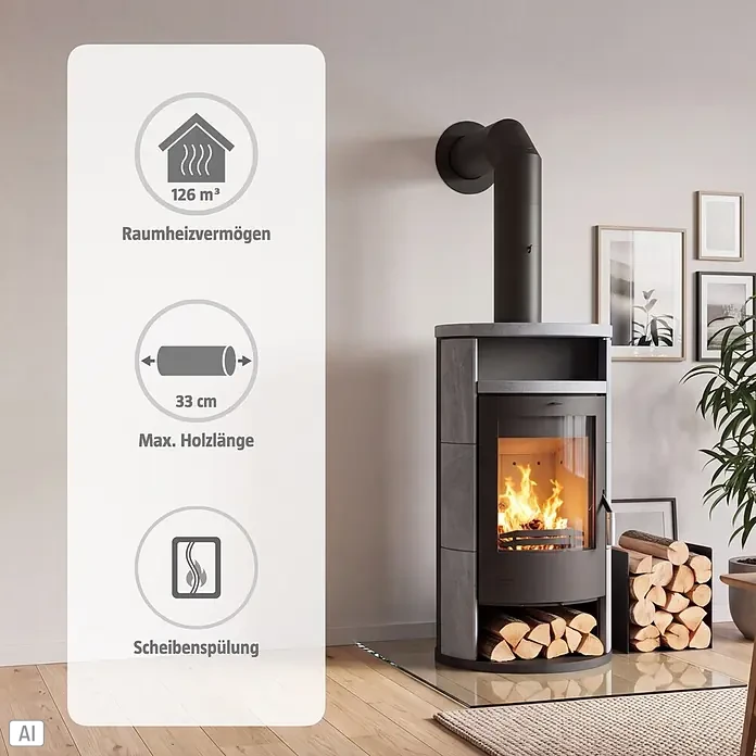 Fireplace Kaminofen Alicante - 8,3 kW, Raumheizvermögen: 126 m³, Material Verkleidung: Speckstein, Schwarz - Moderner anthrazitfarbener Kaminofen, steinverkleidet, mit Feuer und Holzlager.