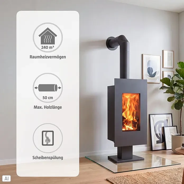 Panadero Kaminofen Osaka Ecodesign - 8 kW, Raumheizvermögen: 240 m³, Material Verkleidung: Stahl, Schwarz Metallic - Dunkelgrauer Kaminofen mit Feuer in modernem Wohnzimmer. Overlay zeigt 240 m³ Heizleistung, 50 cm max. Holzlänge und Scheibenspülung.