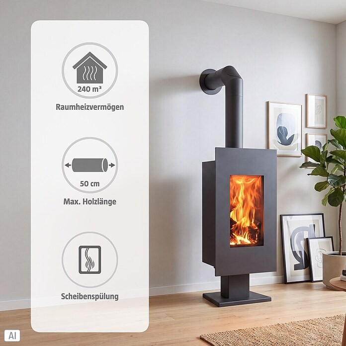 Panadero Kaminofen Osaka Ecodesign (8 kW, Raumheizvermögen: 240 m³, Material Verkleidung: Stahl, Schwarz Metallic) | BAUHAUS