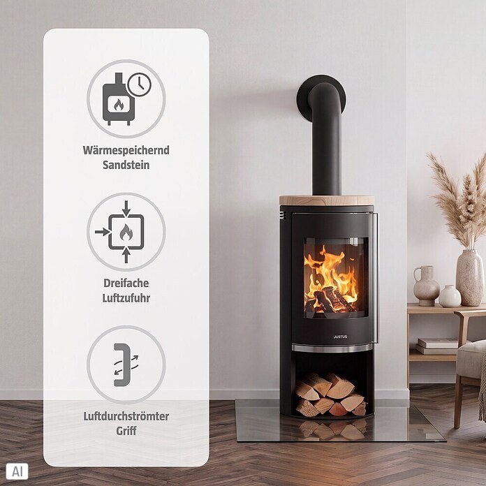 Justus Kaminofen Faro 2.0 (6 kW, Raumheizvermögen: 124 m³, Material Abdeckung: Sandstein, Schwarz)