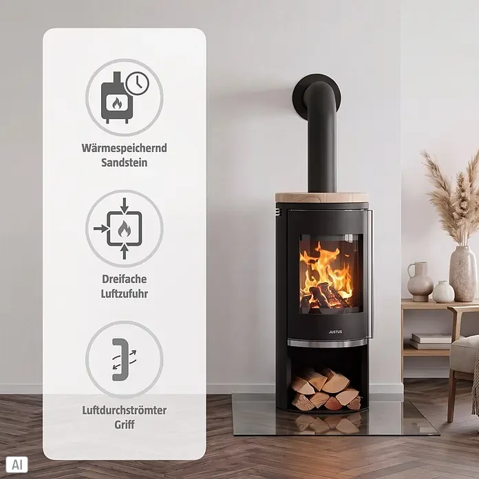 Justus Kaminofen Faro 2.0 - 6 kW, Raumheizvermögen: 115 m³, Verkleidung: Stahl/Sandstein, Schwarz - Moderner schwarzer Kaminofen mit heller Holzplatte und Holzfach, betont Wärmespeicherung, dreifache Luftzufuhr und luftgekühlten Griff.
