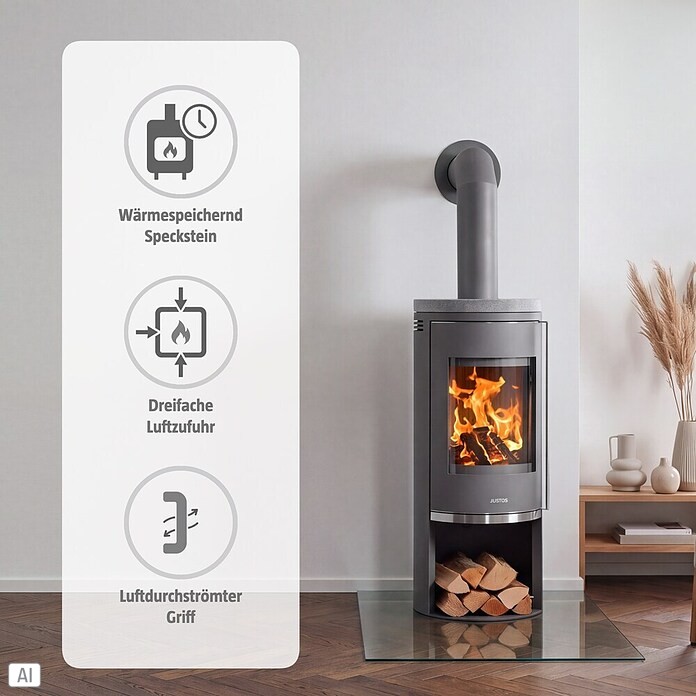 Justus Kaminofen Faro 2.0 (6 kW, Raumheizvermögen: 124 m³, Material Abdeckung: Speckstein, Gussgrau)