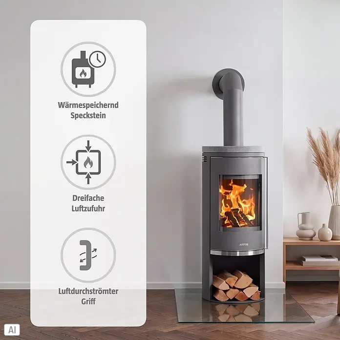 Justus Kaminofen Faro 2.0 - 6 kW, Raumheizvermögen: 115 m³, Verkleidung: Gusseisen/Speckstein, Speckstein - Dunkelgrauer Kaminofen mit Specksteinplatte, brennenden Holzscheiten und Holzfach, in einem modernen Raum.