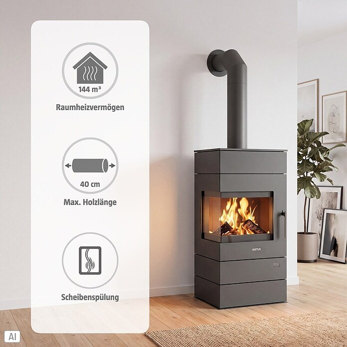 Justus Kaminofen Voga  (6,5 kW, Raumheizvermögen: 131 m³, Verkleidung: Stahl, Schwarz)