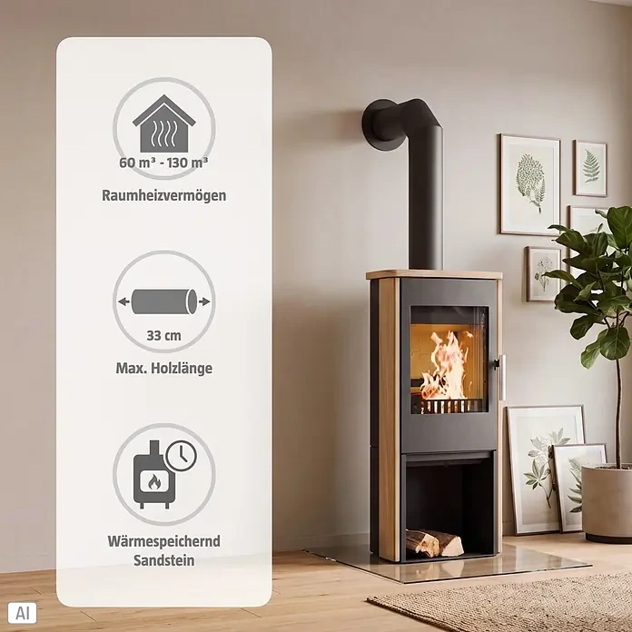 Haas+Sohn Kaminofen Vitorre - 6 kW, Raumheizvermögen: 60 m³ - 130 m³, Material Verkleidung: Sandstein, Schwarz - Moderner Kaminofen mit dunklem Korpus und hellen Holzapplikationen, brennend in einem wohnlichen Raum.