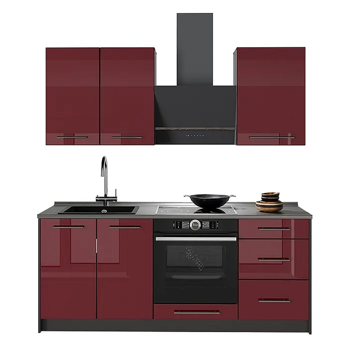 Vicco Singleküche - Breite: 190 cm, Bordeaux Hochglanz, Mit AP Eiche - Moderne Küchenzeile mit glänzenden bordeauxroten Schränken, integriertem Backofen, Kochfeld, Spüle und Dunstabzug.