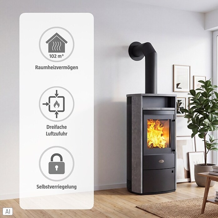 Kaminofen Dublin (6 kW, Raumheizvermögen: 102 m³, Schwarz) | BAUHAUS