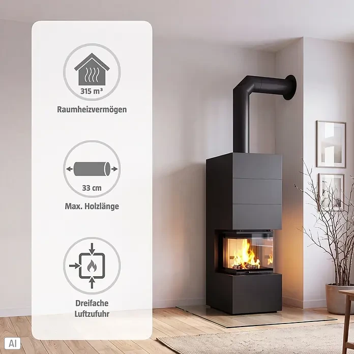 Kaminofen Adastra 500 Plus Line - 11 kW, Raumheizvermögen: 315 m³, Material Verkleidung: Stahl, Schwarz - Moderner, dunkelgrauer Kaminofen mit sichtbaren Flammen und Glasfront, in einem Raum. Eine Infografik zeigt Heizleistung und Merkmale.