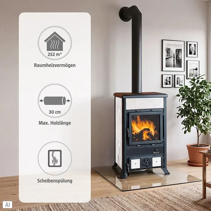 La Nordica Kaminofen Rosella R1 - 11 W, Raumheizvermögen: 252 m³, Material Verkleidung: Keramik, Schwarz/Weiß - Kaminofen mit schwarzem Metall und weißen Kacheln, lodernden Flammen, in Wohnzimmerkulisse mit Informations-Overlay.