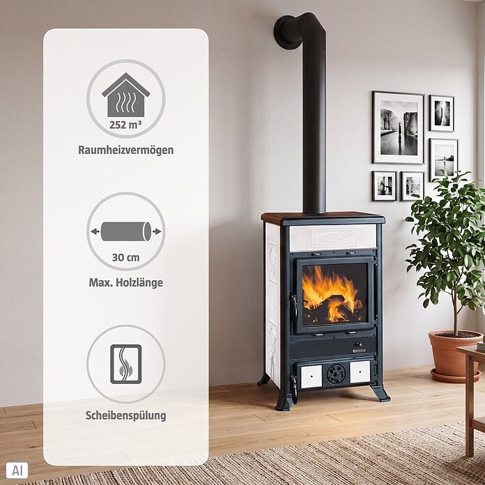 La Nordica Kaminofen Rosella R1 (8,8 kW, Raumheizvermögen: 252 m³, Verkleidung: Keramik, Schwarz/Weiß)