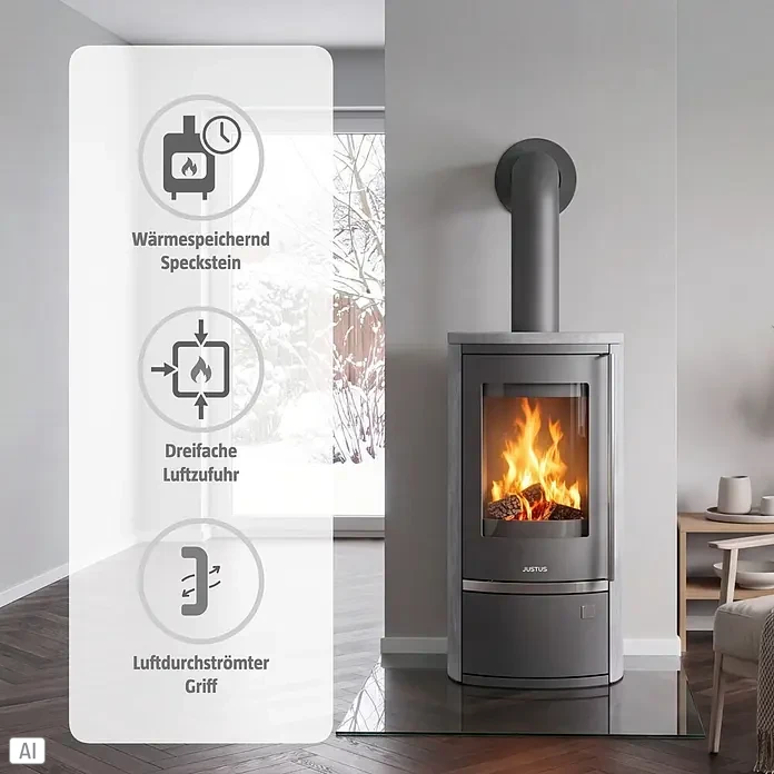 Justus Kaminofen Reno R - 6 kW, Raumheizvermögen: 124 m³, Material Verkleidung: Speckstein, Gussgrau/Speckstein - Moderner grauer Holzofen mit brennendem Feuer in einem gemütlichen Raum, mit wärmespeicherndem Speckstein, dreifacher Luftzufuhr und luftdurchströmtem Griff.