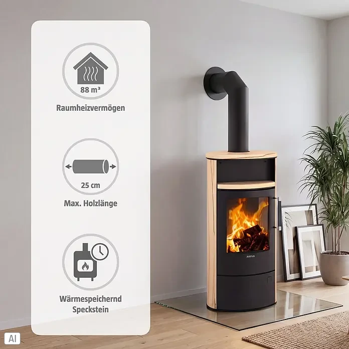 Justus Kaminofen Island 5 2.0 - 5 kW, Raumheizvermögen: 88 m³, Material Verkleidung: Speckstein, Sandstein/Schwarz - Schwarzer Kaminofen mit heller Holzverkleidung, in Betrieb, mit Informationsgrafiken zu Heizleistung und Holzscheitlänge.
