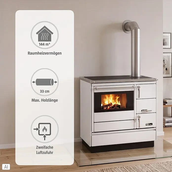 Justus Küchenherd Linz - Raumheizvermögen: 144 m³, Backofen links, Weiß - Weißer Holzherd mit Feuer in der Brennkammer und technischen Daten.