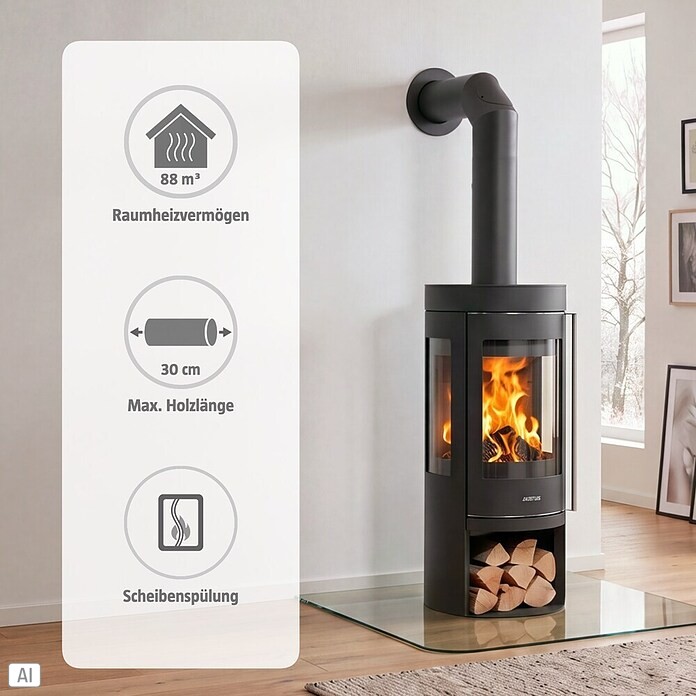 Justus Kaminofen Mino Trios 2.0 (5 kW, Raumheizvermögen: 88 m³, Material Abdeckung: Stahl, Schwarz)