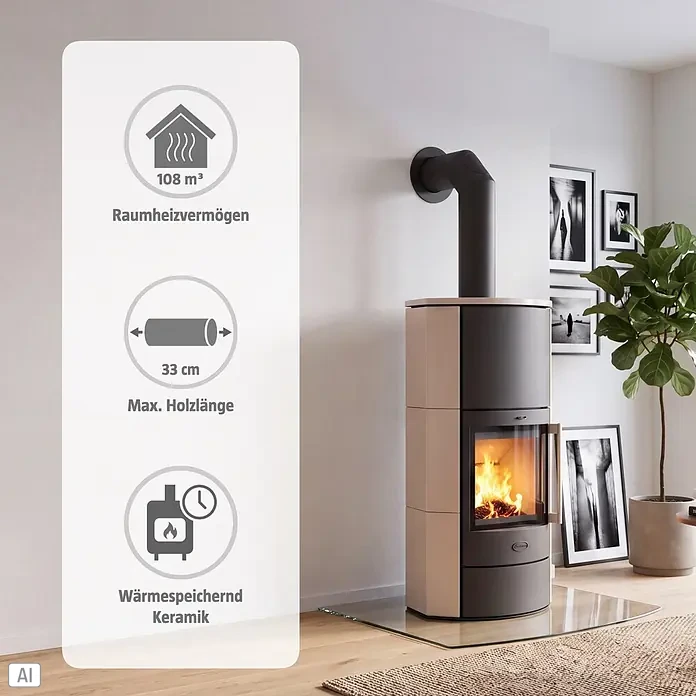 Fireplace Kaminofen Adelaide - 6 kW, Raumheizvermögen: 108 m³, Material Verkleidung: Keramik, Schwarz - Moderner zweifarbiger Kaminofen (beige/dunkelgrau) mit wärmespeichernder Keramik, Holz brennend in einem modernen Wohnraum.
