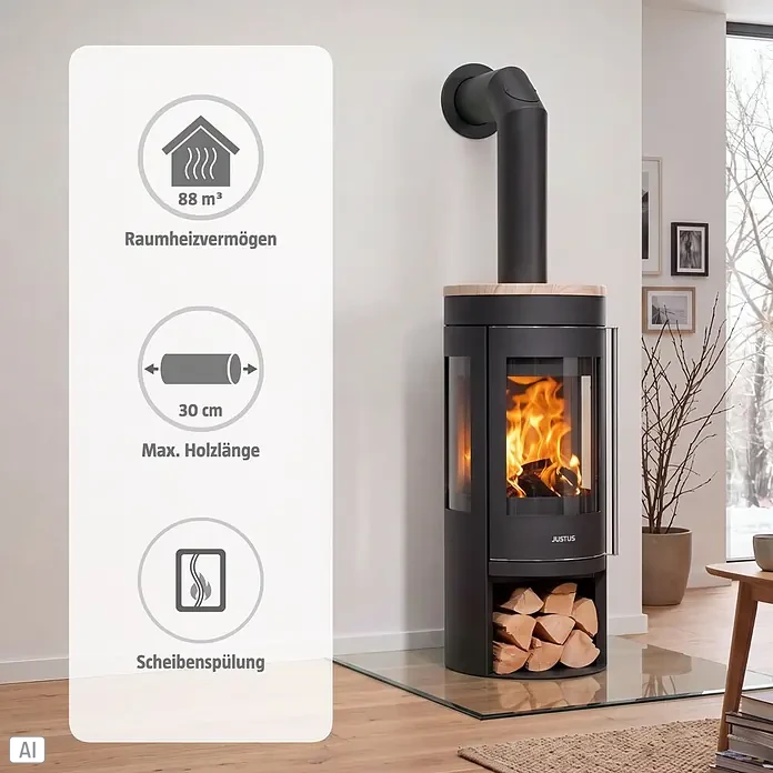 Justus Kaminofen Mino Trios 2.0 - 5,5 kW, Raumheizvermögen: 88 m³, Farbe Verkleidung: Sandstein, Schwarz - Schwarzer Kaminofen mit heller Holzplatte, Glastür, brennendem Holz. Mit Holzlager und Infografik der Merkmale.