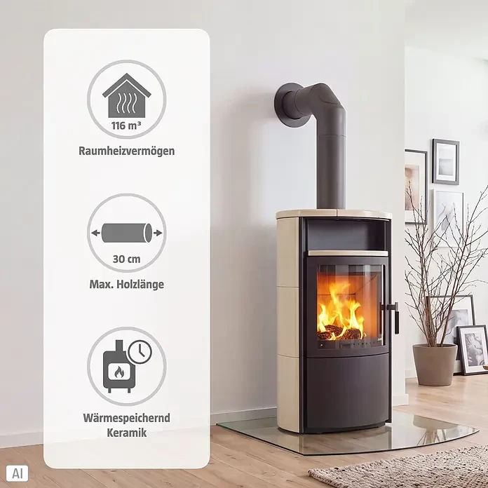 Hark Kaminofen VITO WW GT ECOPLUS - 14 kW, Raumheizvermögen: 116 m³, Material Verkleidung: Keramik, Creme-Weiss - Moderner Kaminofen mit wärmespeichernden Keramikverkleidungen, dunklem Metall und sichtbaren Flammen im Wohnzimmer.
