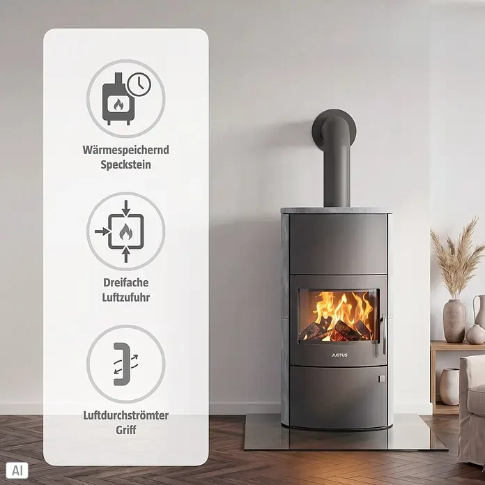 Justus Kaminofen Agero W+ - 7 kW, Raumheizvermögen: 144 m³, Material Verkleidung: Speckstein, Schwarz/Speckstein - Moderner dunkelgrauer Kaminofen mit Specksteinverkleidung und sichtbaren Flammen in einem modernen Wohnraum.
