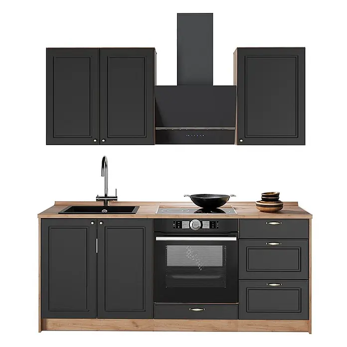 Vicco Singleküche - Breite: 190 cm, Anthrazit-Gold Landhaus, Mit AP Marmor - Kompakte schwarze Küchenzeile mit Holzdetails, integrierter Spüle, Kochfeld und Backofen, ideal für kleine Räume.