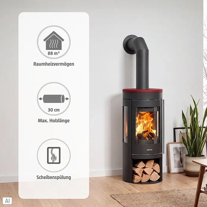 Justus Kaminofen Mino Trios 2.0 - 5,5 kW, Raumheizvermögen: 88 m³, Farbe Verkleidung: Bordeauxrot, Schwarz - Schwarzer Justus Kaminofen mit rotem Akzent, Brennraum und Holzfach, heizt bis zu 88m³ mit 30cm Scheiten, Scheibenspülung.