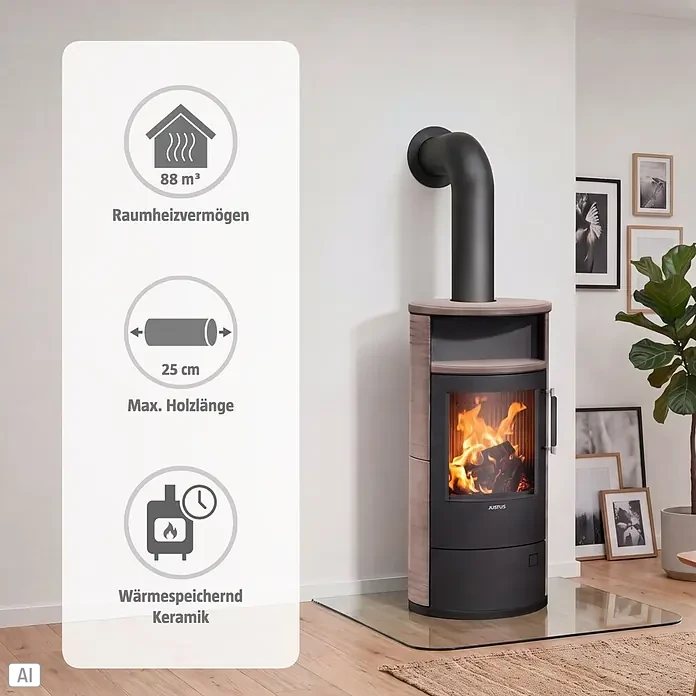Justus Kaminofen Island 5 2.0 - 5 kW, Raumheizvermögen: 88 m³, Material Verkleidung: Keramik, Grappa/Schwarz - Moderner Kaminofen aus schwarzem Metall und Keramik in Holzoptik mit loderndem Feuer. Heizeistung bis 88m³, max. Scheitlänge 25cm.