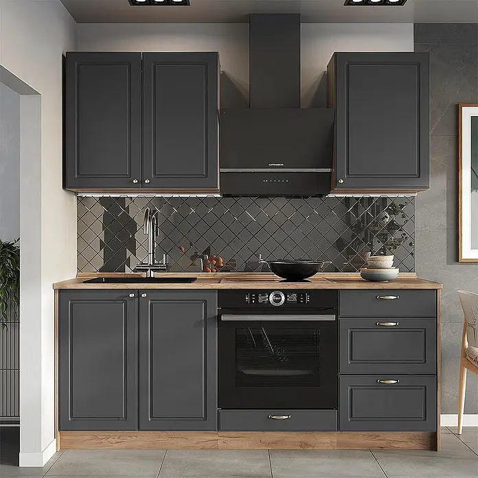 Vicco Singleküche - Breite: 190 cm, Anthrazit-Gold Landhaus, Mit AP Marmor - Moderne dunkelgraue Küchenschrankgarnitur mit Holz-Arbeitsplatte, integriertem Backofen, Spüle und Dunstabzugshaube.