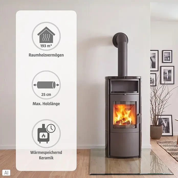 Hark Kaminofen Nika ECOplus - 7 kW, Raumheizvermögen: 193 m³, Material Verkleidung: Keramik, Schwarz - Dunkelgrauer Keramik-Kaminofen mit Flammen, 193 m³ Heizleistung und max. 25 cm Scheitholzlänge im modernen Raum.