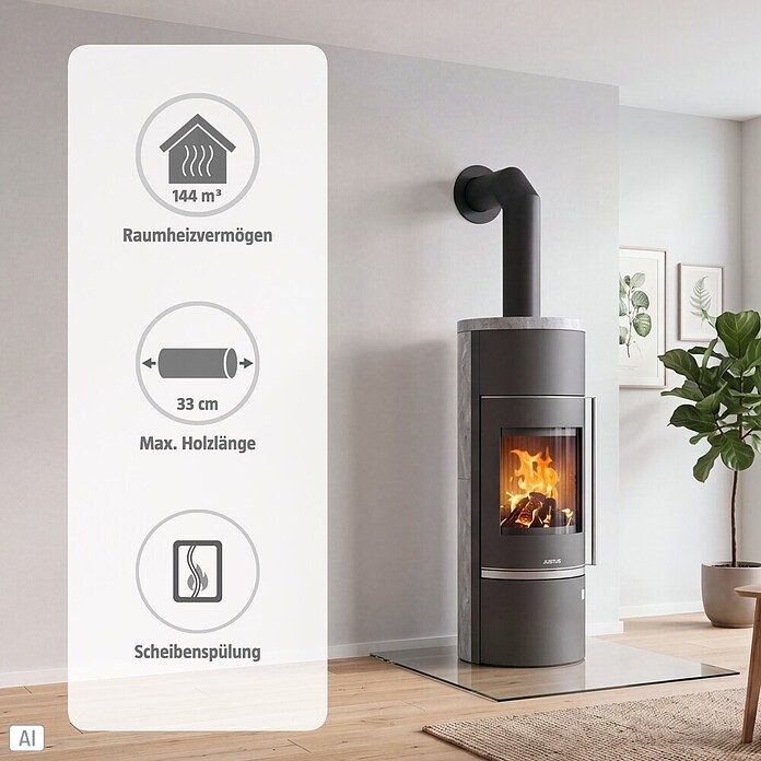 Justus Kaminofen Faro W+ 2.0 (7 kW, Raumheizvermögen: 144 m³, Verkleidung: Speckstein, Schwarz)