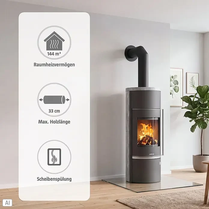 Justus Kaminofen Faro W+ 2.0 - 7 kW, Raumheizvermögen: 144 m³, Verkleidung: Speckstein, Schwarz - Dunkelgrauer Kaminofen mit Steinakzenten und brennendem Feuer in modernem Wohnzimmer mit weißem Infopanel.