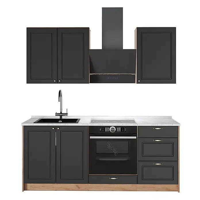 Vicco Singleküche - Breite: 190 cm, Anthrazit-Gold Landhaus, Mit AP Marmor - Dunkelgraue Küchenzeile mit weißer Marmor-Arbeitsplatte, Spüle, Kochfeld, Backofen und Dunstabzugshaube auf hellem Holzsockel.