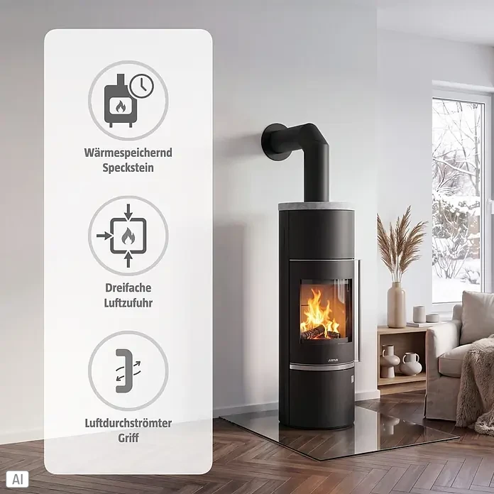 Justus Kaminofen Faro W+ 2.0 - 7 kW, Raumheizvermögen: 144 m³, Verkleidung: Stahl/Speckstein, Schwarz - Moderner schwarzer Kaminofen mit grauer Abdeckung und sichtbaren Flammen im Wohnzimmer. Mit Wärmespeicher, dreifacher Luftzufuhr und luftdurchströmem Griff.