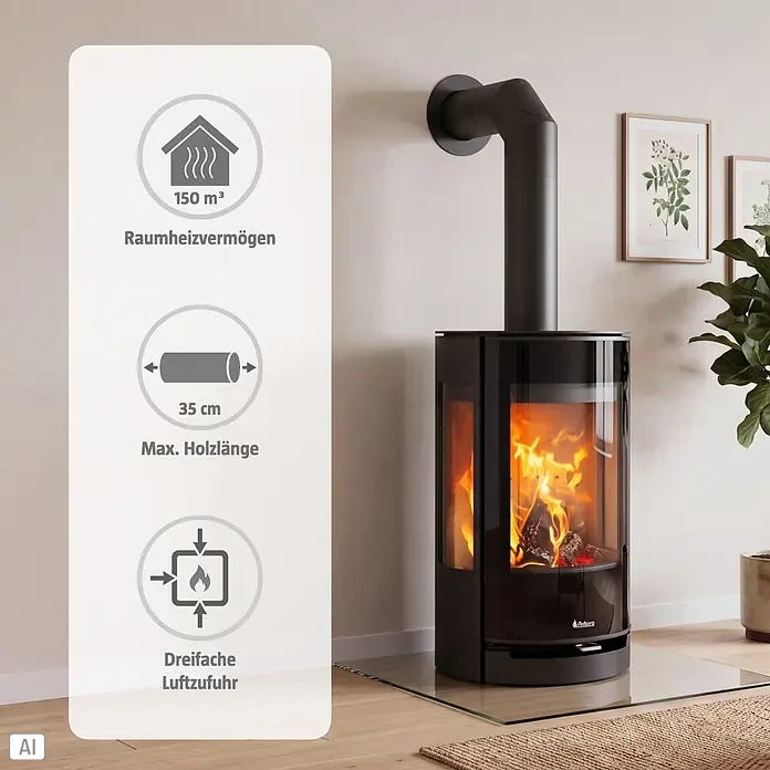Aduro Kaminofen 22.4 Lux - 5,5 kW, Raumheizvermögen: 150 m³, Material Verkleidung: Stahl, Schwarz - Schwarzer Kaminofen mit sichtbaren Flammen in modernem Raum, mit Produktmerkmalen (Heizleistung, Holzlänge, Luftzufuhr).