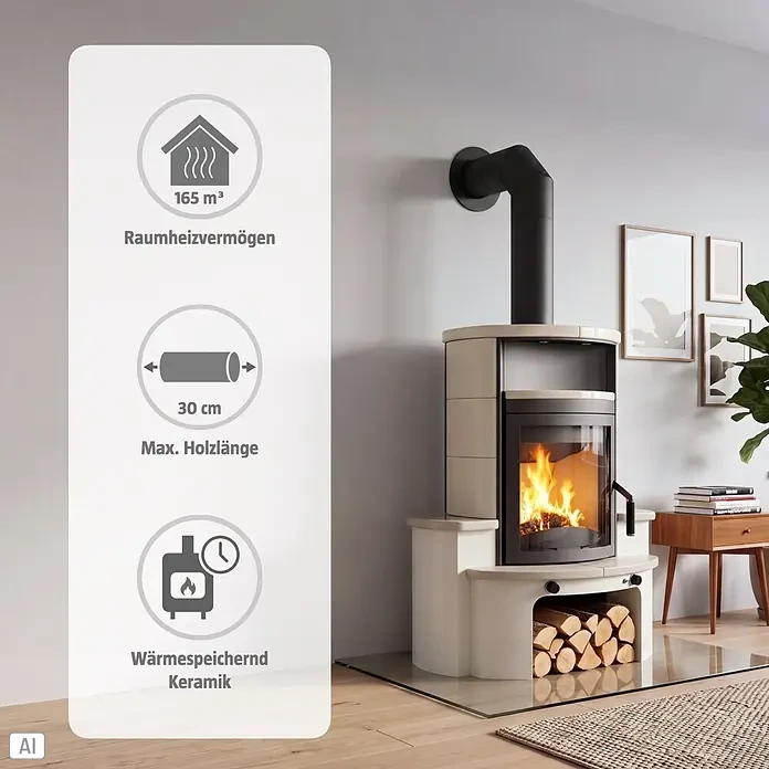 Hark Kaminofen Avenso GT ECOplus - 6 kW, Raumheizvermögen: 165 m³, Material Verkleidung: Keramik, Weiß/Creme - Kaminofen aus cremefarbener Keramik mit schwarzem Rohr und Holzfach, heizt ein Wohnzimmer. Mit wärmespeichernder Keramik.