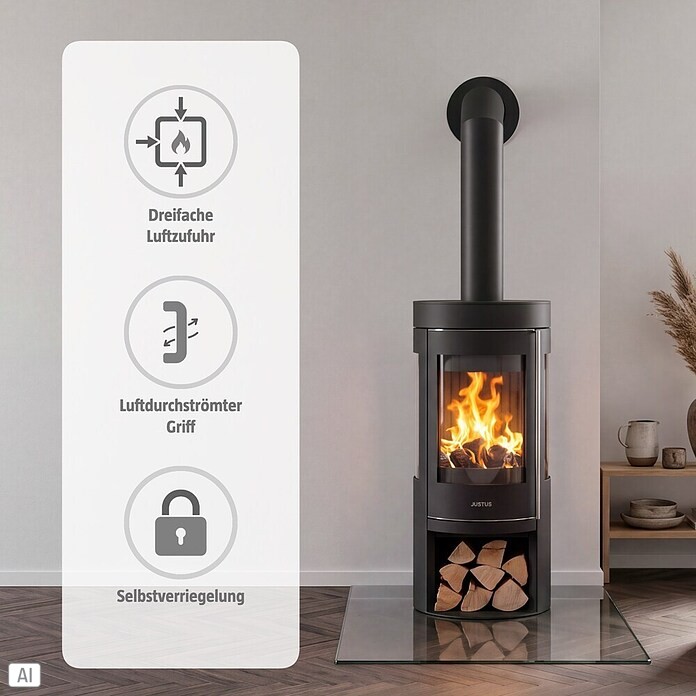 Justus Kaminofen Mino Trios 2.0 (5 kW, Raumheizvermögen: 88 m³, Material Abdeckung: Stahl, Schwarz)