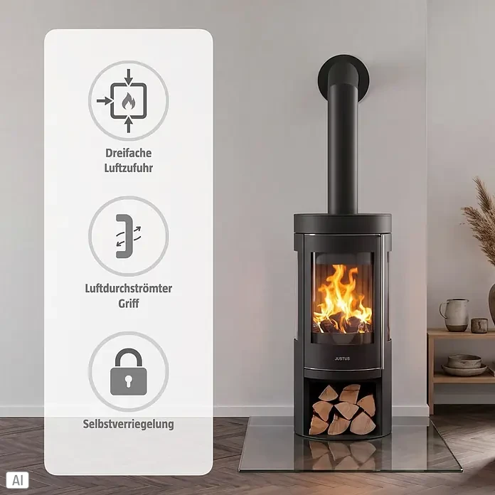Justus Kaminofen Mino Trios 2.0 - 5,5 kW, Raumheizvermögen: 88 m³, Farbe Verkleidung: Schwarz, Schwarz - Schwarzer Kaminofen mit brennendem Holz, integriertem Holzfach und Rauchrohr in modernem Interieur.