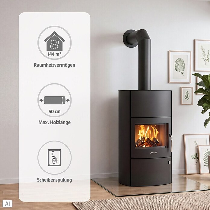 Justus Kaminofen Agero W+ (7 kW, Raumheizvermögen: 144 m³, Verkleidung: Stahl, Schwarz)