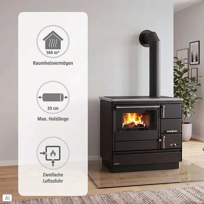 Justus Küchenherd Linz - Raumheizvermögen: 144 m³, Backofen links, Schwarz - Schwarzer Holzofen mit brennendem Feuer, Metallplatte und Infografiken: 144 m³ Heizleistung, 33 cm Holz, zweifache Luftzufuhr.