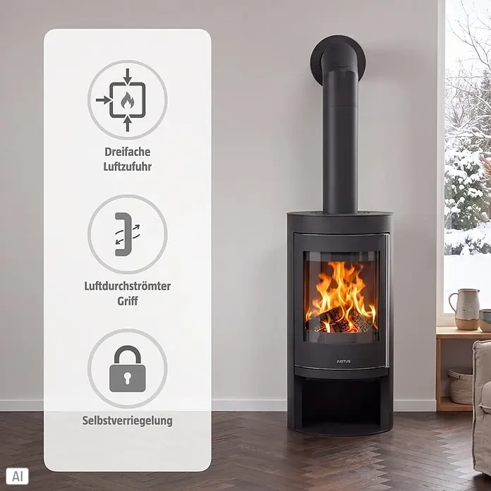 Justus Kaminofen Mino 2.0 - 5,5 kW, Raumheizvermögen: 88 m³, Farbe Verkleidung: Schwarz, Schwarz - Schwarzer Holzofen mit brennenden Scheiten in einem Raum mit Schneeblick. Icons zeigen: dreifache Luftzufuhr, luftdurchströmter Griff, Selbstverriegelung.