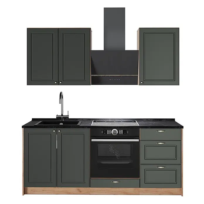 Vicco Singleküche - Breite: 190 cm, Grün-Gold Landhaus, Ohne AP - Dunkelgraue Küchenzeile mit schwarzen Geräten, Spüle, Arbeitsplatte und passenden Oberschränken, auf hellem Holzsockel.