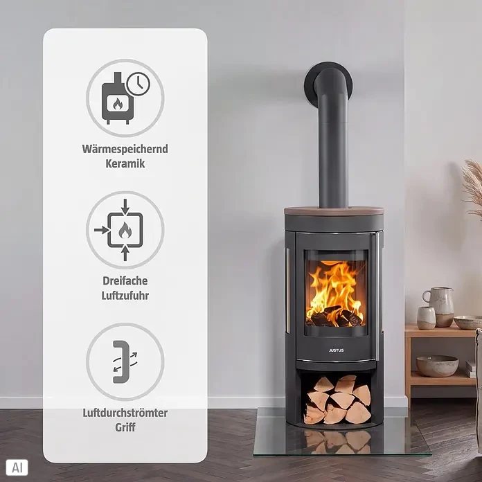 Justus Kaminofen Mino Trios 2.0 - 5,5 kW, Raumheizvermögen: 88 m³, Farbe Verkleidung: Grappa, Schwarz - Dunkelgrauer Holzofen mit brauner Platte in einem modernen Wohnzimmer, mit Feuer und Holzscheiten.