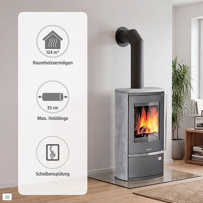 Justus Kaminofen Reno R (6 kW, Raumheizvermögen: 124 m³, Verkleidung: Speckstein, Gussgrau)