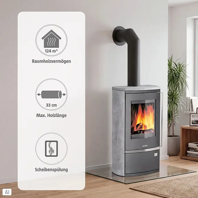 Justus Kaminofen Reno R - 6 kW, Raumheizvermögen: 124 m³, Material Verkleidung: Speckstein, Gussgrau/Speckstein - Grauer Kaminofen mit brennendem Feuer, schwarzem Rauchrohr und Informationsdisplay: 124 m³ Raumheizvermögen, max. 33 cm Holzlänge, Scheibenspülung.
