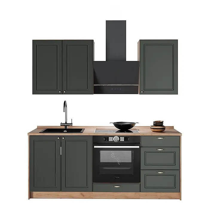 Vicco Singleküche - Breite: 190 cm, Grün-Gold Landhaus, Ohne AP - Komplette Küchenzeile mit dunkelgrünen Schränken, heller Holzplatte, Spüle, Kochfeld, Backofen und Dunstabzugshaube.