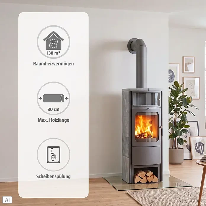 Hark Kaminofen Opera B Grande - 5 kW, Raumheizvermögen: 138 m³, Material Verkleidung: Stahl, Grau - Moderner, dunkelgrauer Kaminofen mit Steinverkleidung, brennendem Feuer und Holzscheiten darunter. Beheizt bis zu 138 m³ und fasst 30 cm lange Scheite.
