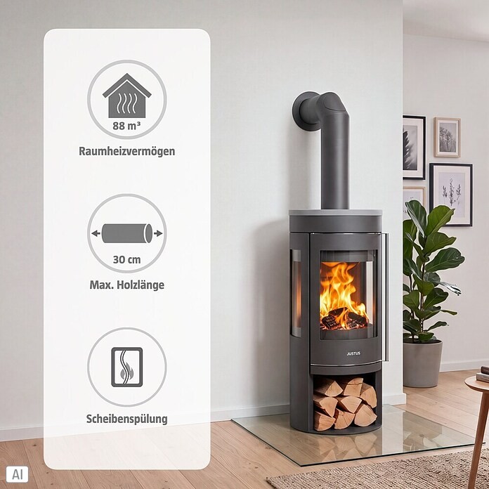 Justus Kaminofen Mino Trios 2.0 (5 kW, Raumheizvermögen: 88 m³, Material Abdeckung: Keramik, Schwarz/Weiß)