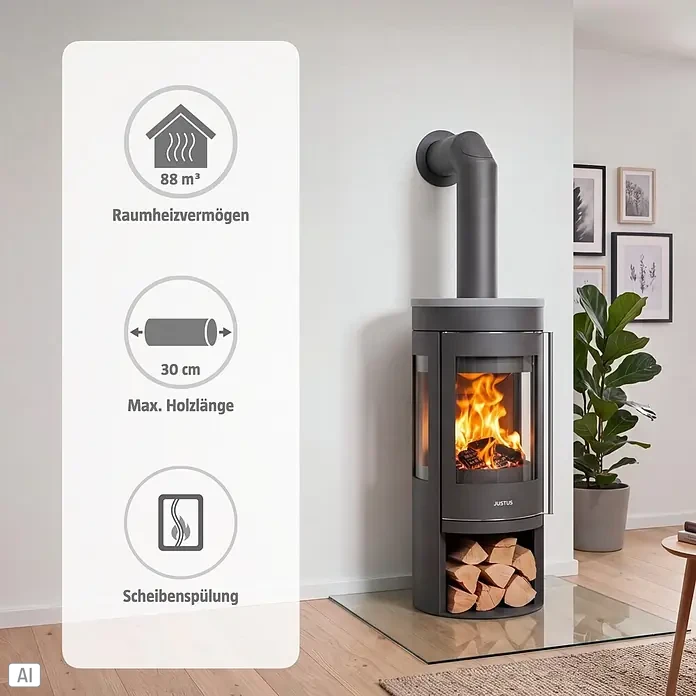 Justus Kaminofen Mino Trios 2.0 - 5,5 kW, Raumheizvermögen: 88 m³, Farbe Verkleidung: Seidenweiß, Schwarz - Dunkelgrauer Kaminofen mit brennendem Feuer, 88 m³ Heizleistung und max. 30 cm Holzlänge. Mit integriertem Holzlagerfach.